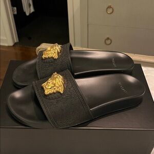 Versace Black Slides with Gold Lion Emblem